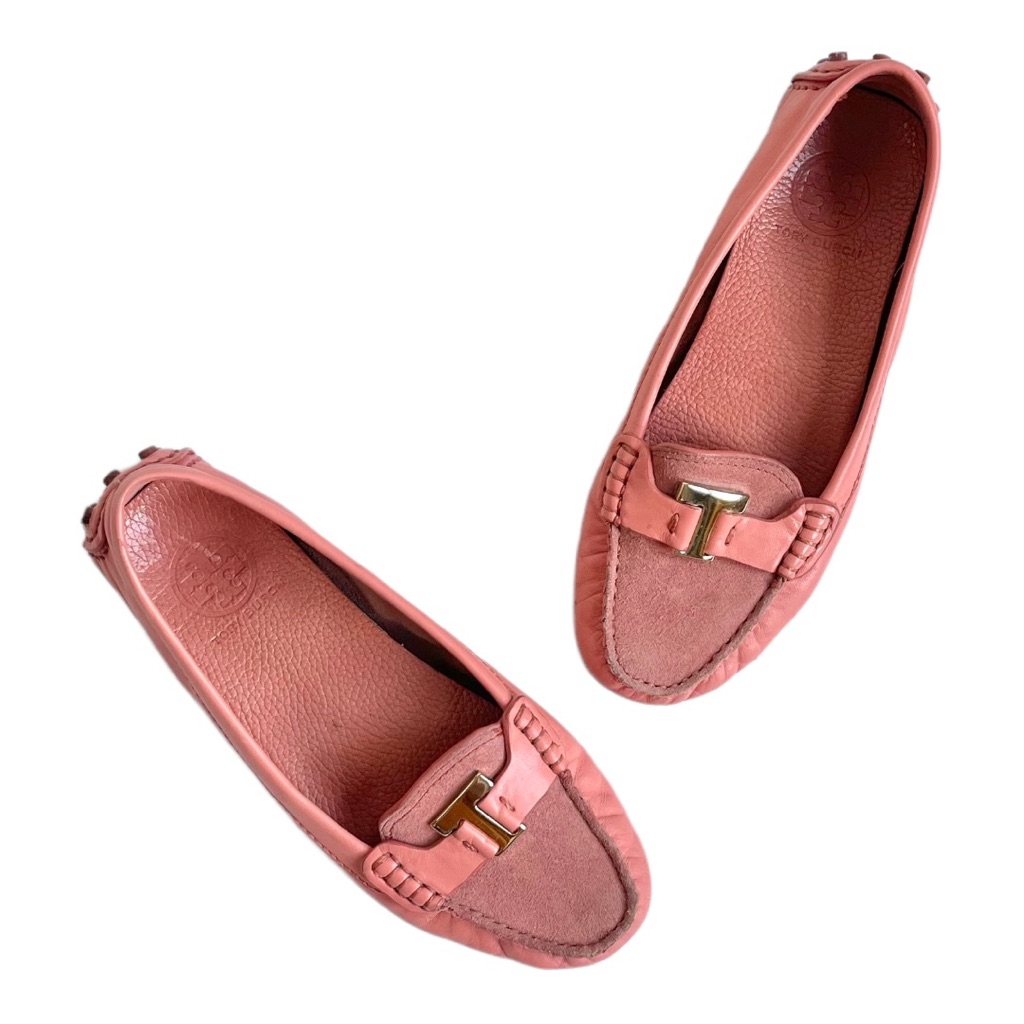 Tory Burch Peach/Orange Suede And Leather Driving Loafer Moccasin